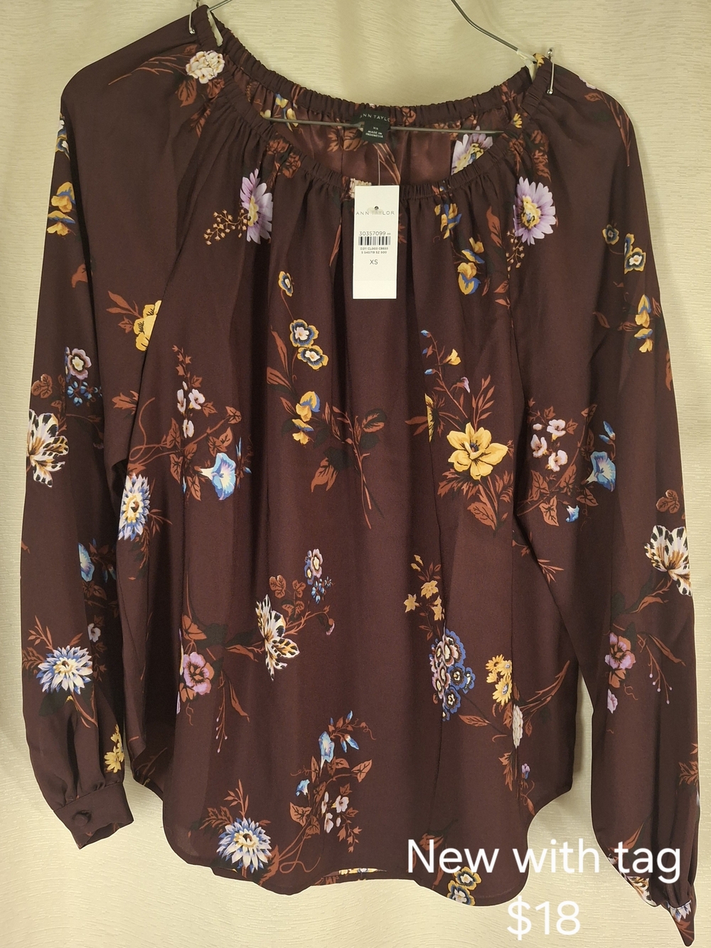 Ann Taylor Brown Floral Off-Shoulder Blouse with Yellow & Blue Accents